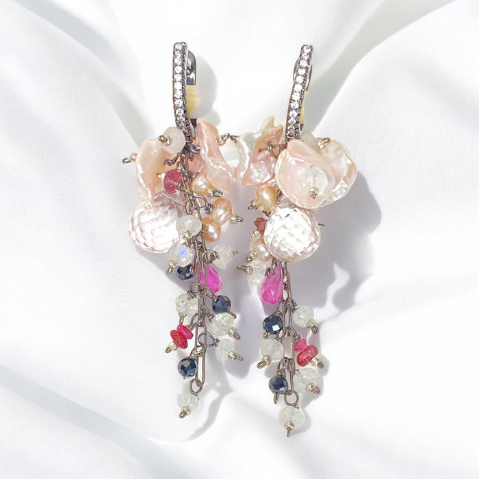 Pink Pearl, Pink Gemstone Oxidized Silver Long Dangle Earrings