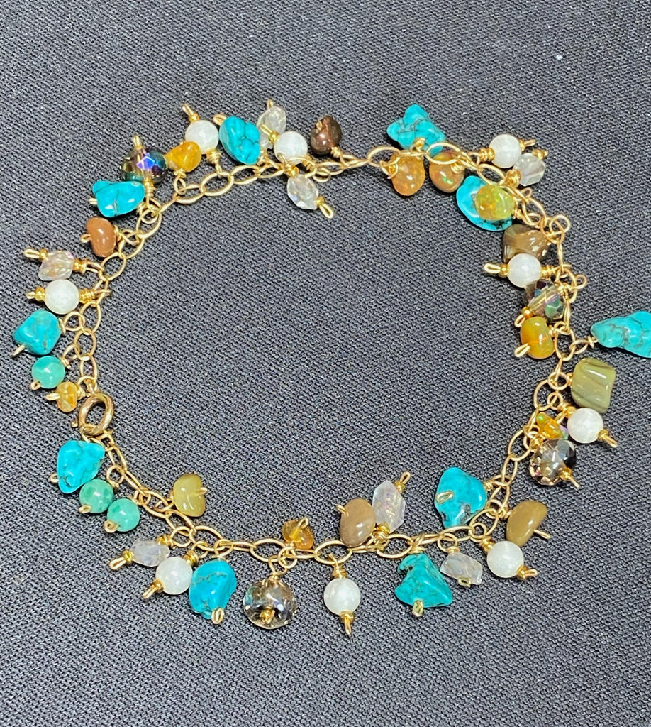 Dainty, Colorful Gemstone and Turquoise Handmade Gold Bracelet