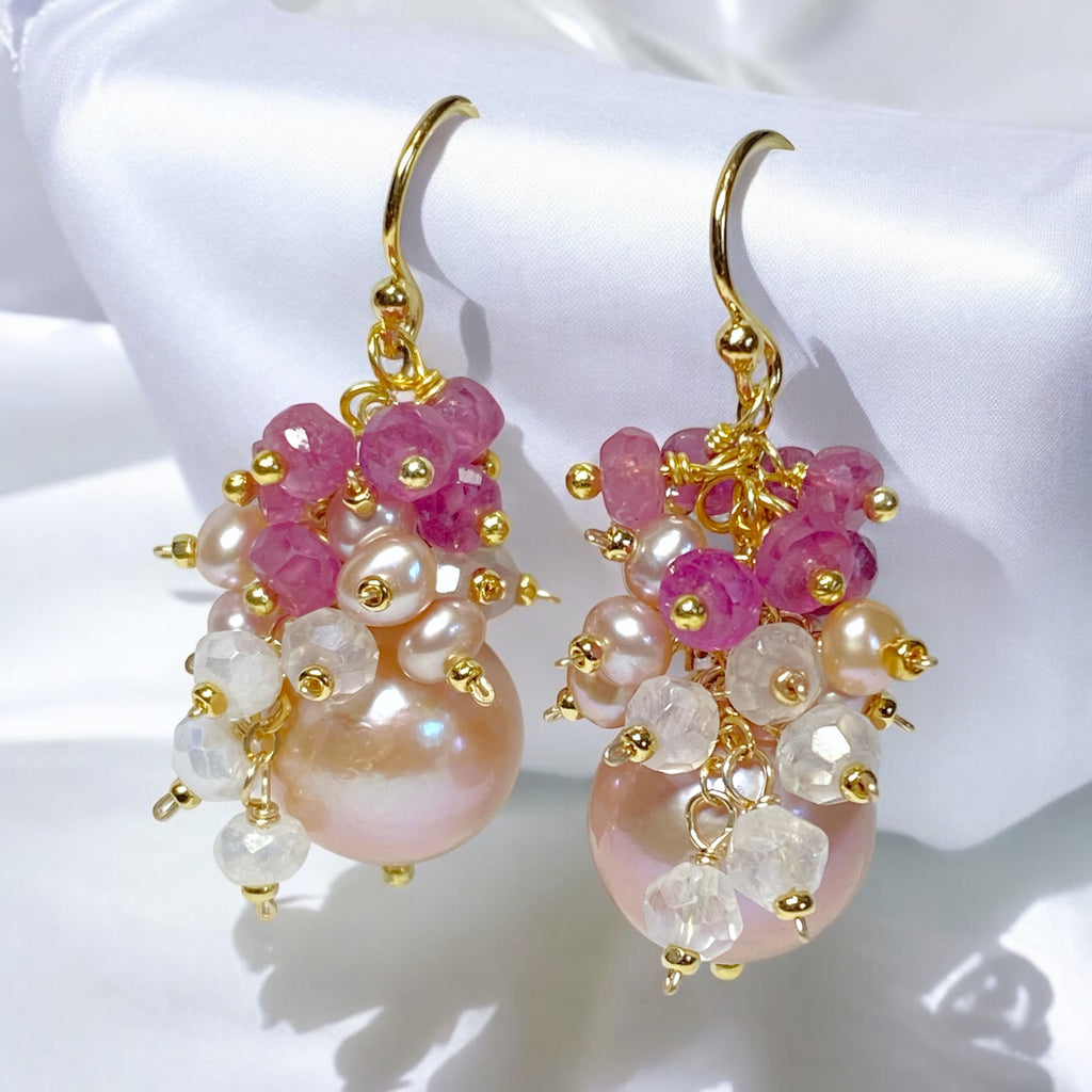 Blush Pearl Pink Sapphire Mystic Quartz Cluster Earrings
