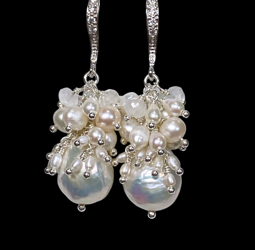 White Edison Pearl Cluster Earrings with Moonstone in Sterling Silver