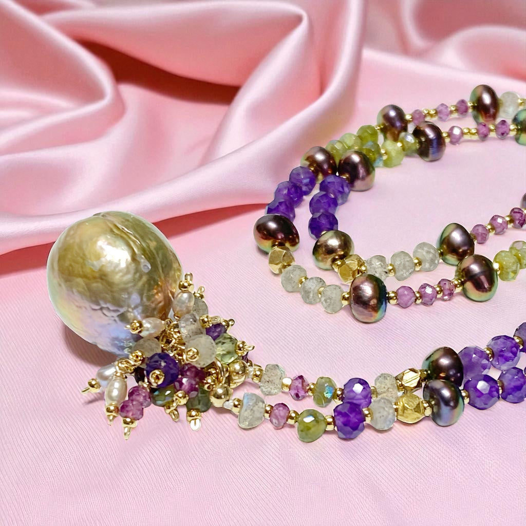 Exotic Mauve Pink Pond Slime Baroque Freshwater Pearl Pendant with Gemstone Necklace