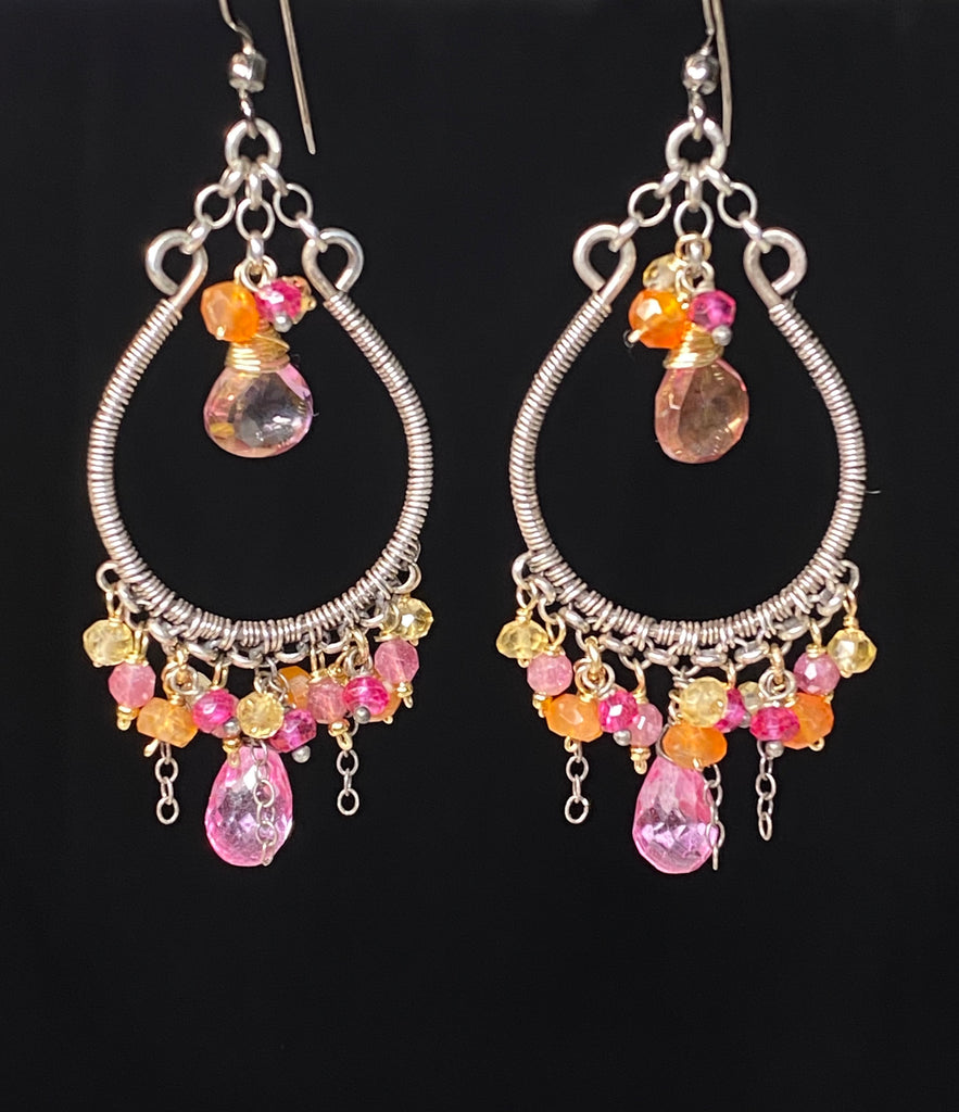 Multi-color Gemstone Hoop Chandelier Earrings Mixed Metals — Pink Tourmaline, Mystic Quartz, Carnelian, Citrine