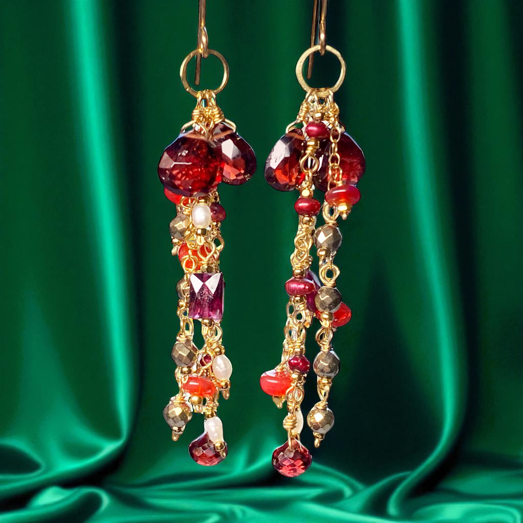 Garnet Dangle Earrings 14 kt Gold Fill with Red Pearls