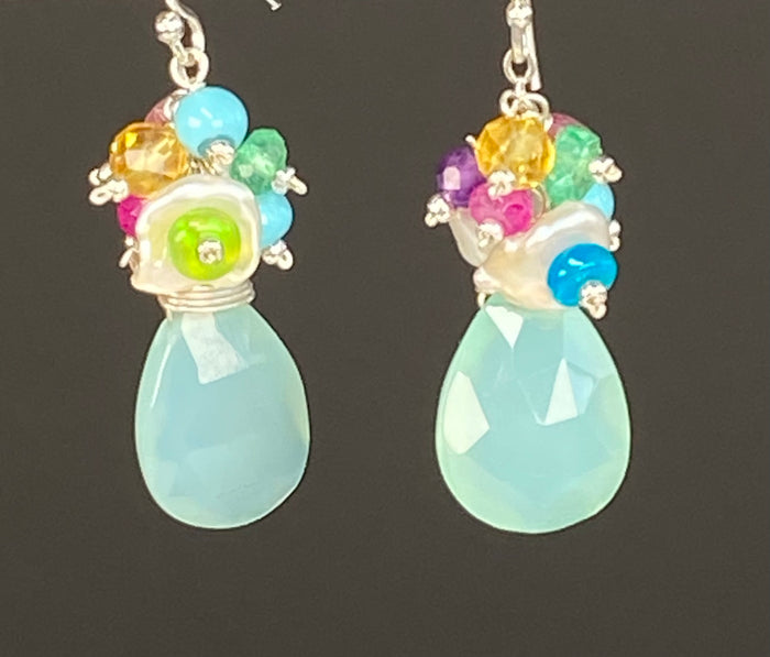 Aqua Chalcedony Multicolor Cluster Earrings Sterling Silver