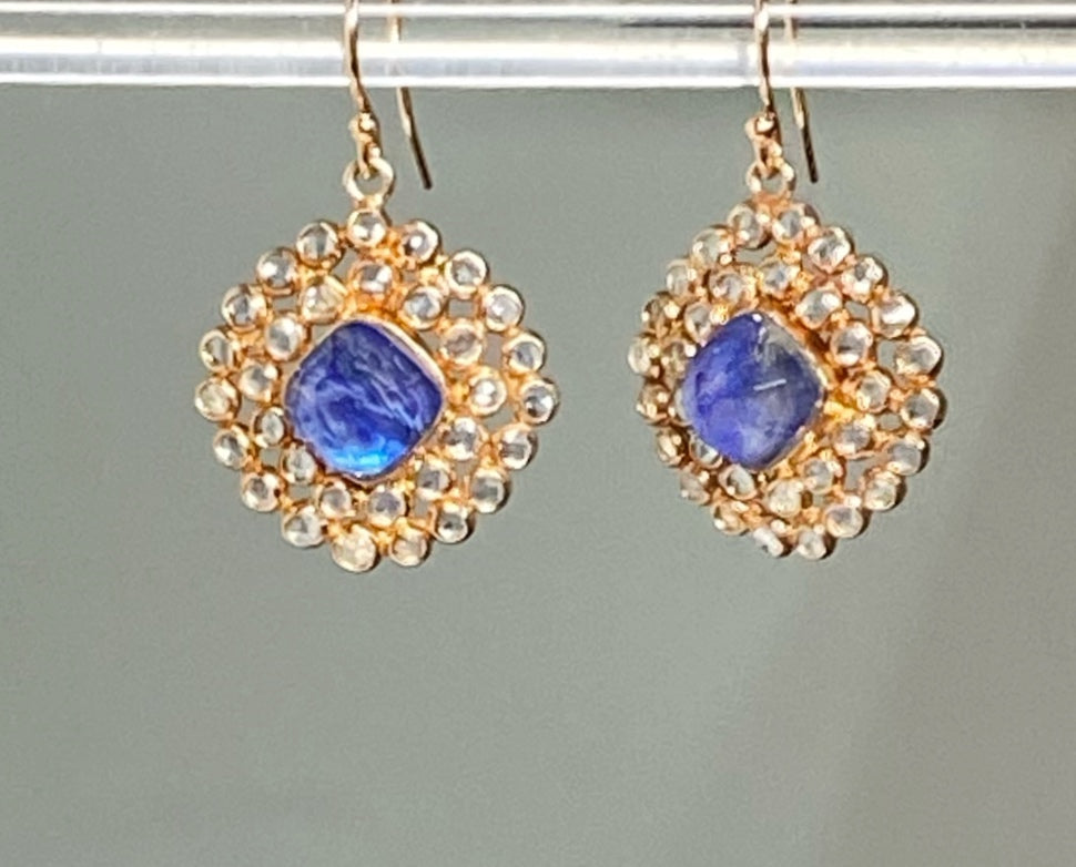 Rose Gold Earrings Pave White Topaz Kyanite Dangle Blue & White
