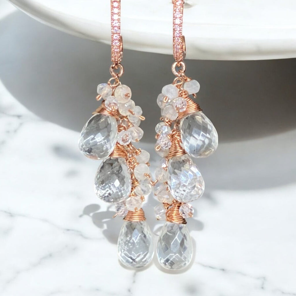 Crystal Quartz Rose Gold Bridal Wedding Earrings