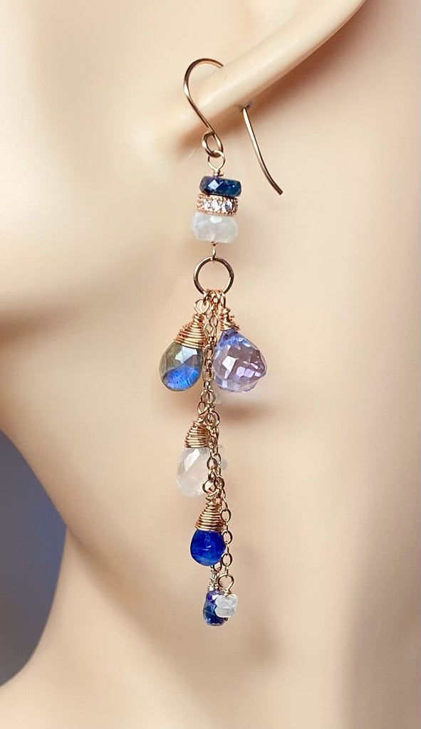 Rainbow Moonstone, Labradorite, Kyanite, Rose Gold Long Boho Earrings Blue White