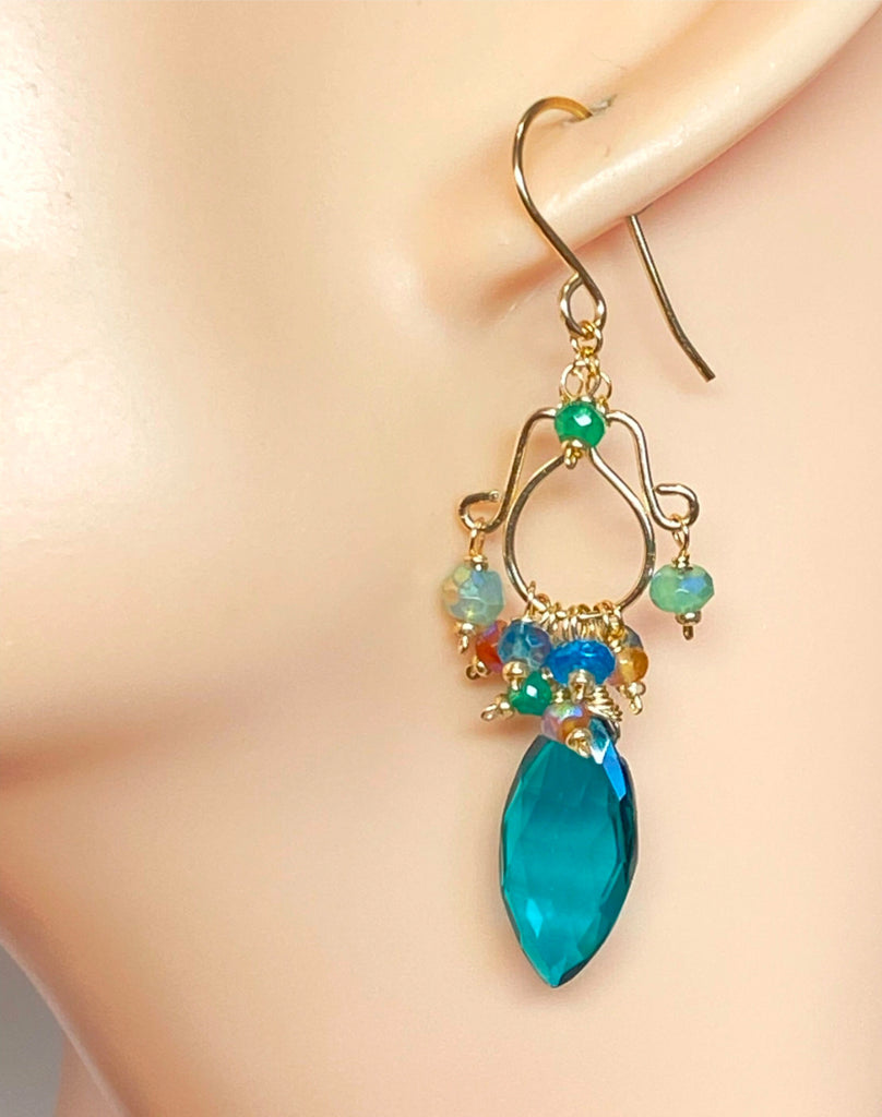 Teal and Multicolor Gemstone Chandelier Earrings Gold Fill