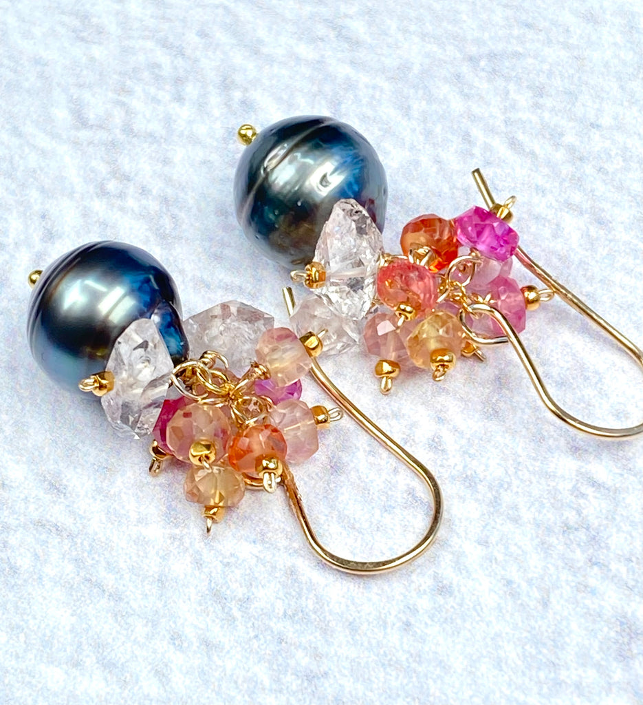 Tahitian Pearl Cluster Earrings with Padparadscha Sapphire & Herkimer Diamond Quartz, Gold Fill