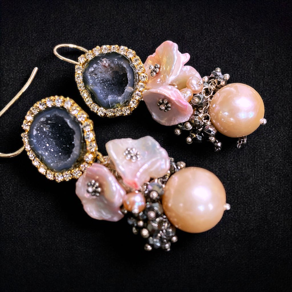 Pink Edison Pearl Cluster Earrings with Keishi and Black Geodes