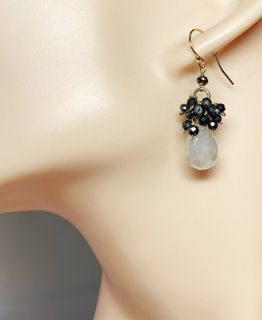 Mystic Ivory Chalcedony, Black Spinel Cluster Earrings Gold Fill