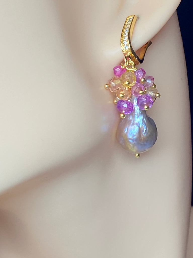 Baroque Flameball Gold Silver Pearl Earrings with Padparadscha Sapphire Clusters Gold Fill - Doolittle