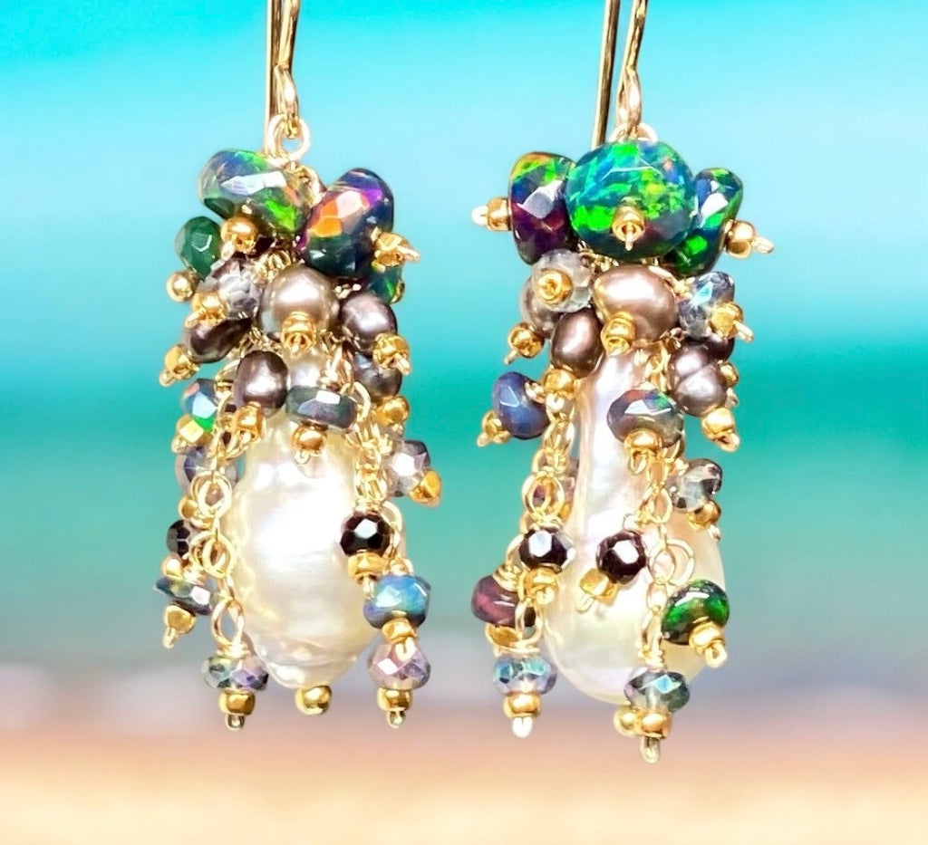 Baroque Pearl Earrings with Fiery Black Ethiopian Opals 2