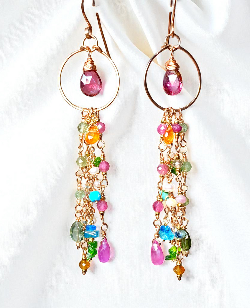 Pink Tourmaline Multicolor Gemstone Long Boho Dangle Earrings Rose Gold
