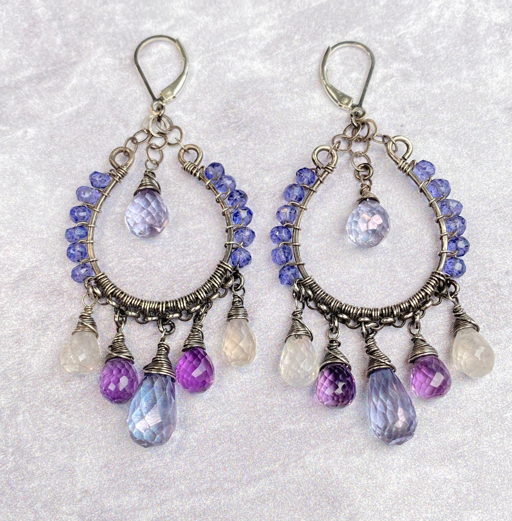 Blue Violet Gemstone Hoop Earrings — Moonstone & Amethyst, Oxidized Sterling Silver