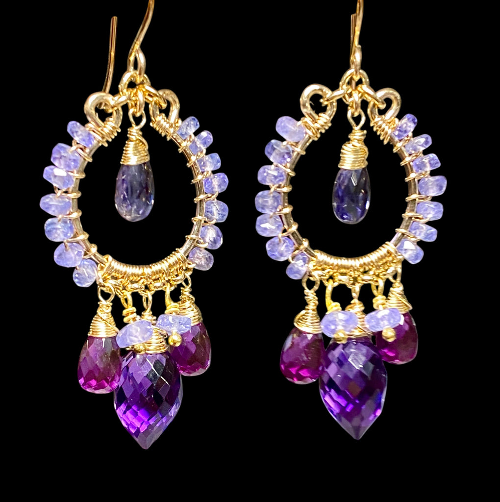 Tanzanite iolite amethyst violet quartz chandelier earrings in 14kt gold fill against black background highlighting December birthstone colors