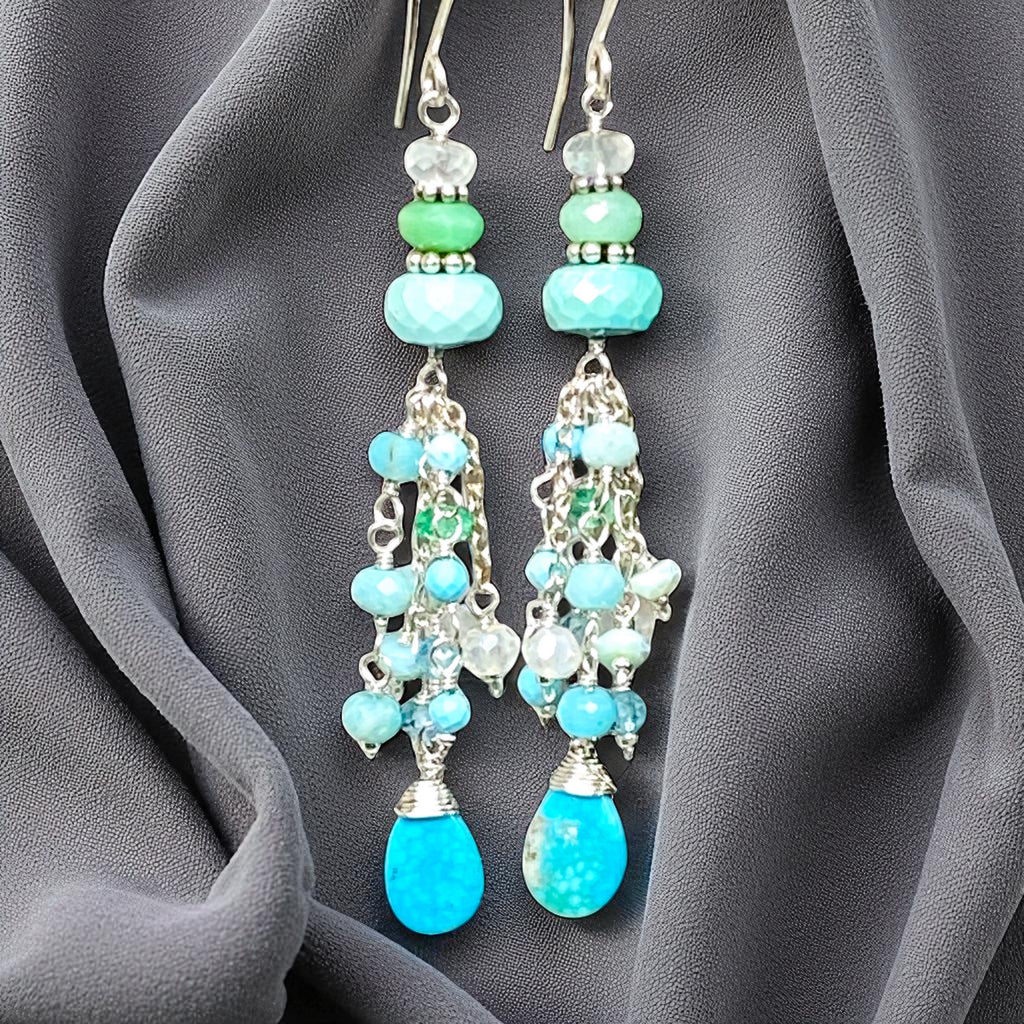 Multi Gemstone Gem Dangle Earrings, Tassel Style, Turquoise, Chrysoprase, Sterling Silver