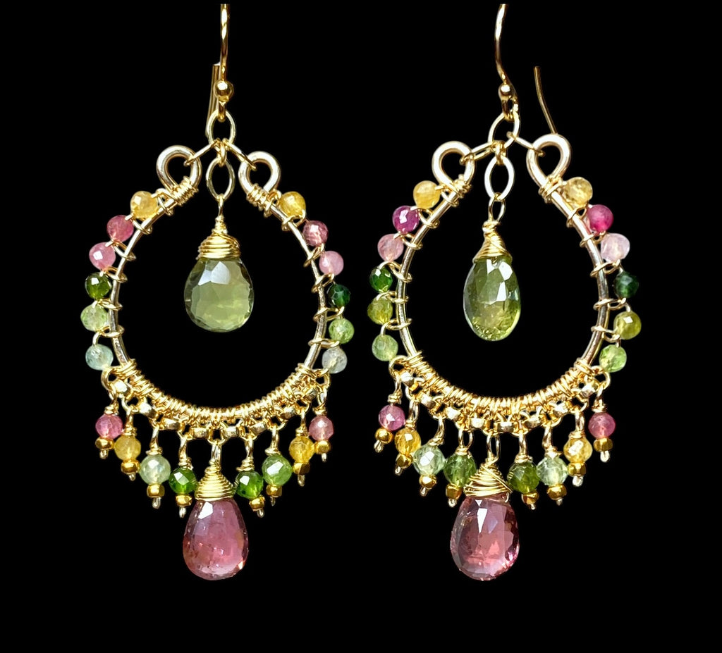 Tourmaline Gemstone Chandelier Hoop Earrings Gold Fill 2