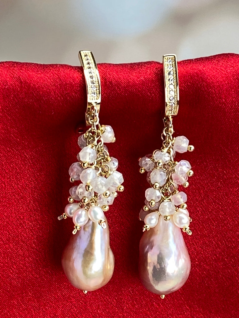 Baroque Flameball Gold Silver Metallic Pearl Earrings with Mystic Crystal Clusters Gold Fill