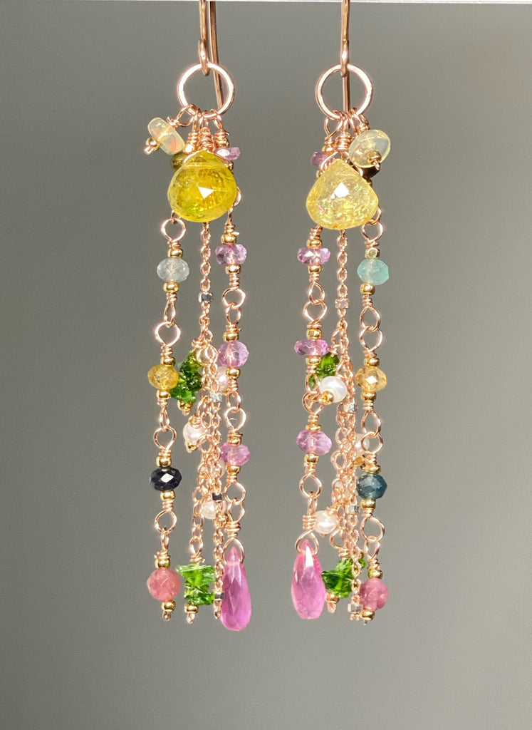 Canary Yellow Tourmaline Long Dangle Earrings Rose Gold Fill