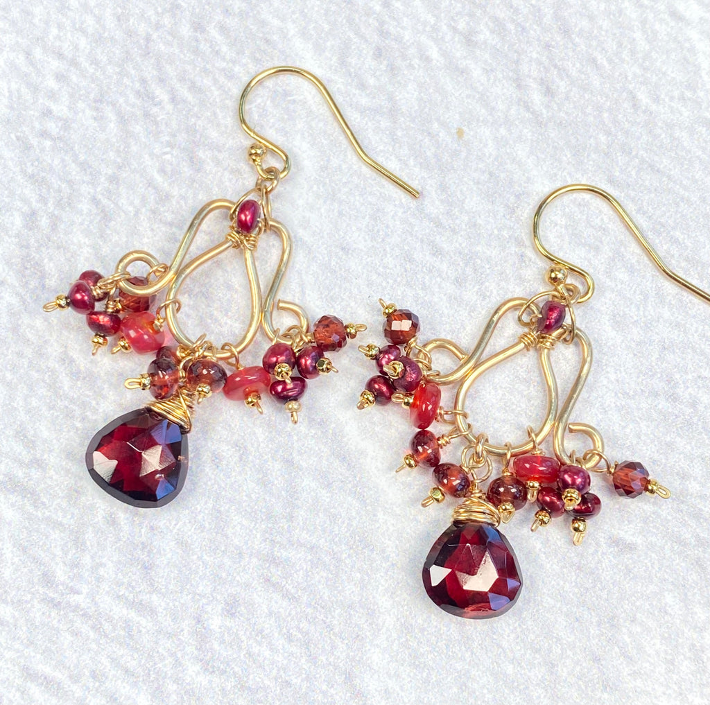 Red Garnet, Pearl & Opal Chandelier Earrings, 14k Gold Fill