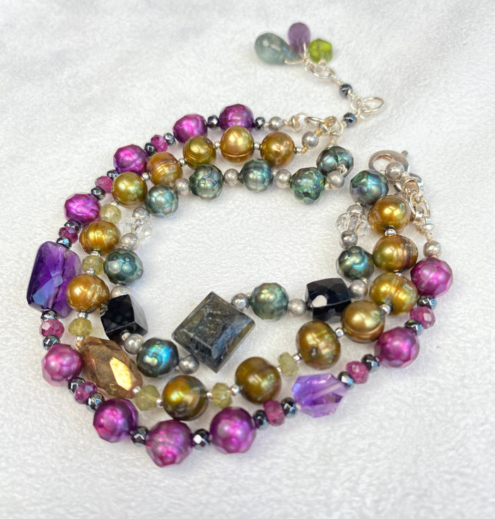 Colorful Triple-Strand Pearl & Gemstone Clasp Bracelet