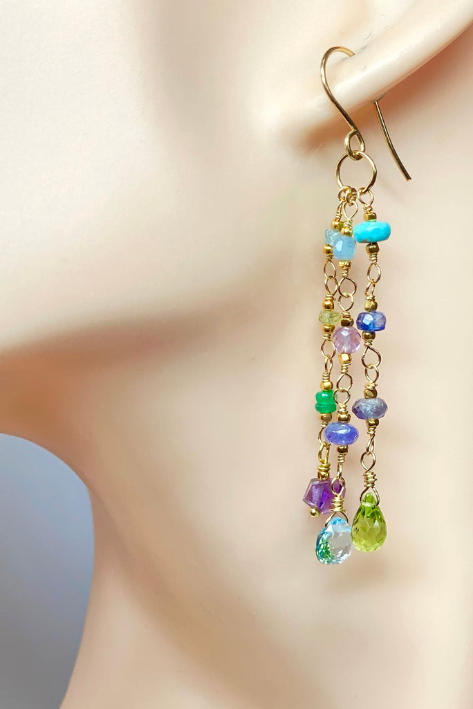 Peridot, Blue Topaz, Amethyst, Multi Gemstone Dangle Earrings