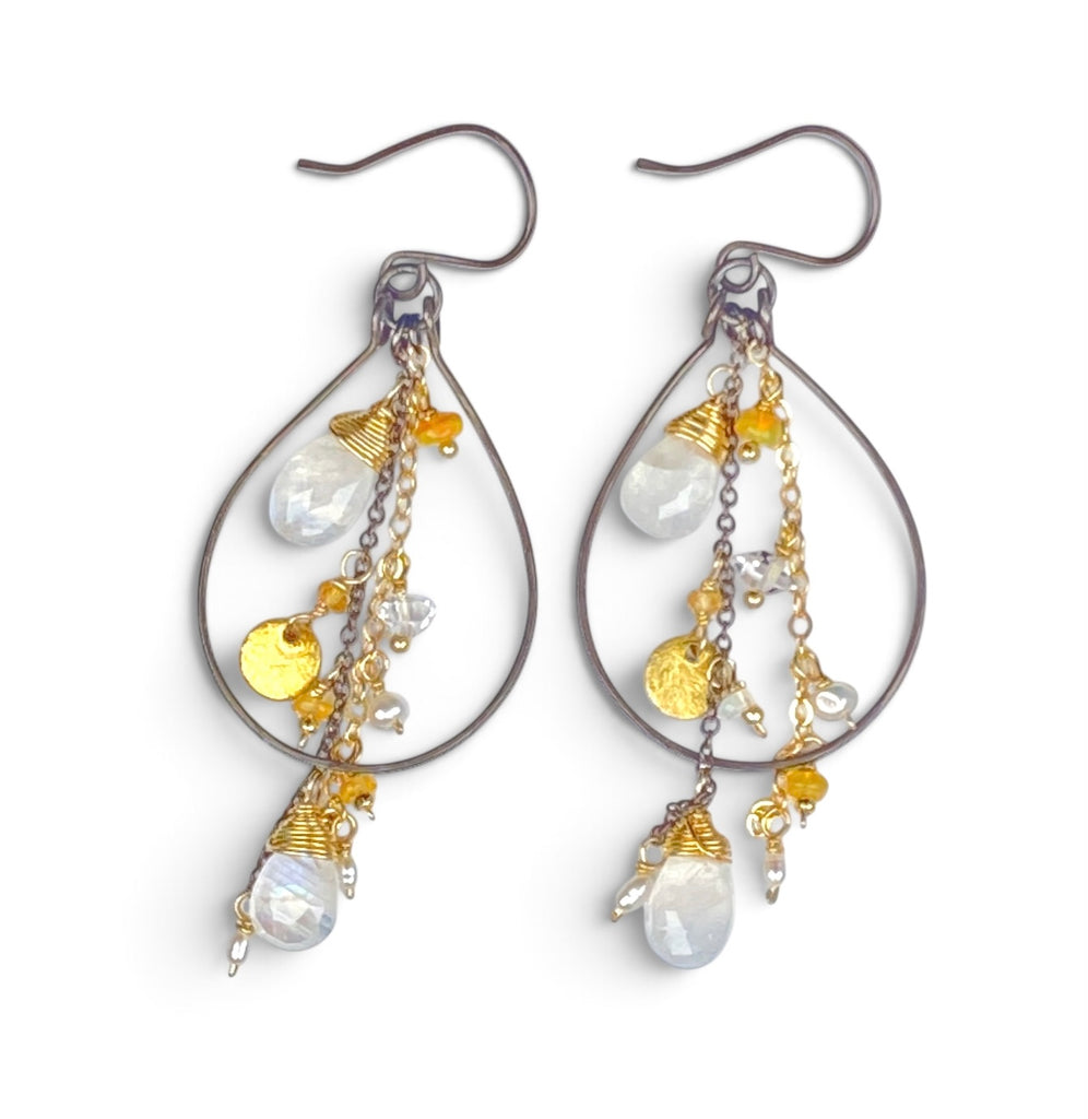 Rainbow Moonstone, Opal, Pearl Mixed Metal Hoops, Black and Gold - Doolittle