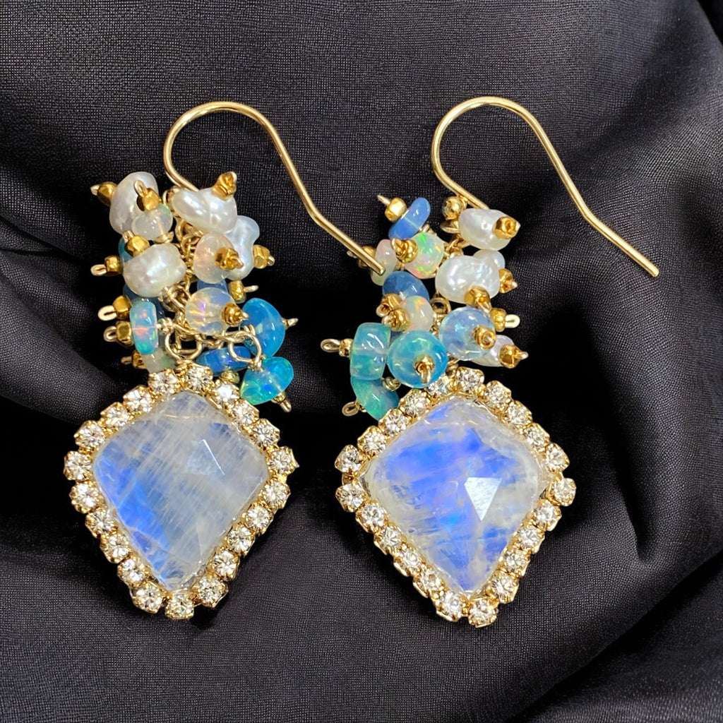 Rainbow Moonstone Diamond Style, Opal Cluster Dangle Earrings Gold