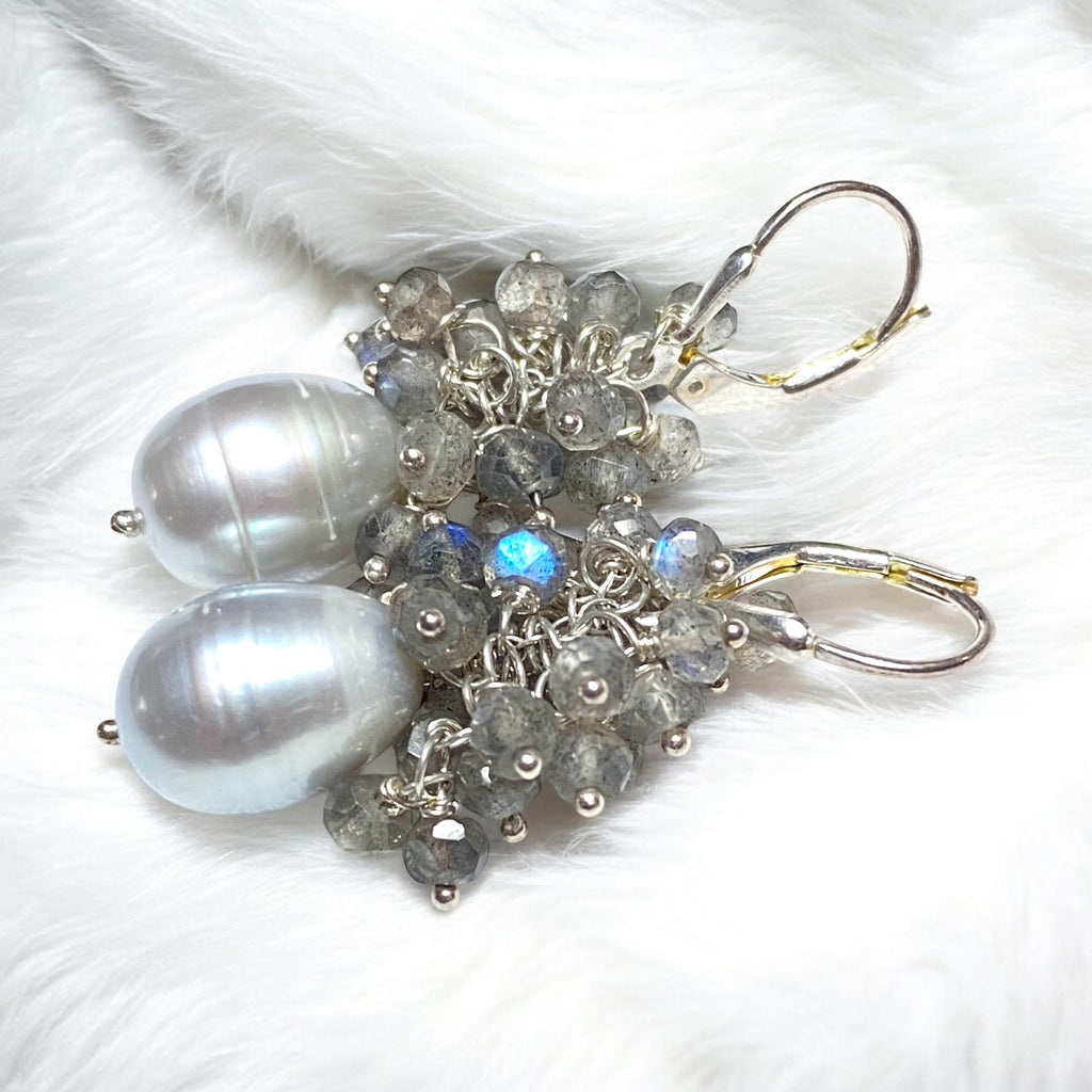 Silver Grey Pearl and Labradorite Cluster Earrings Sterling Silver - Doolittle