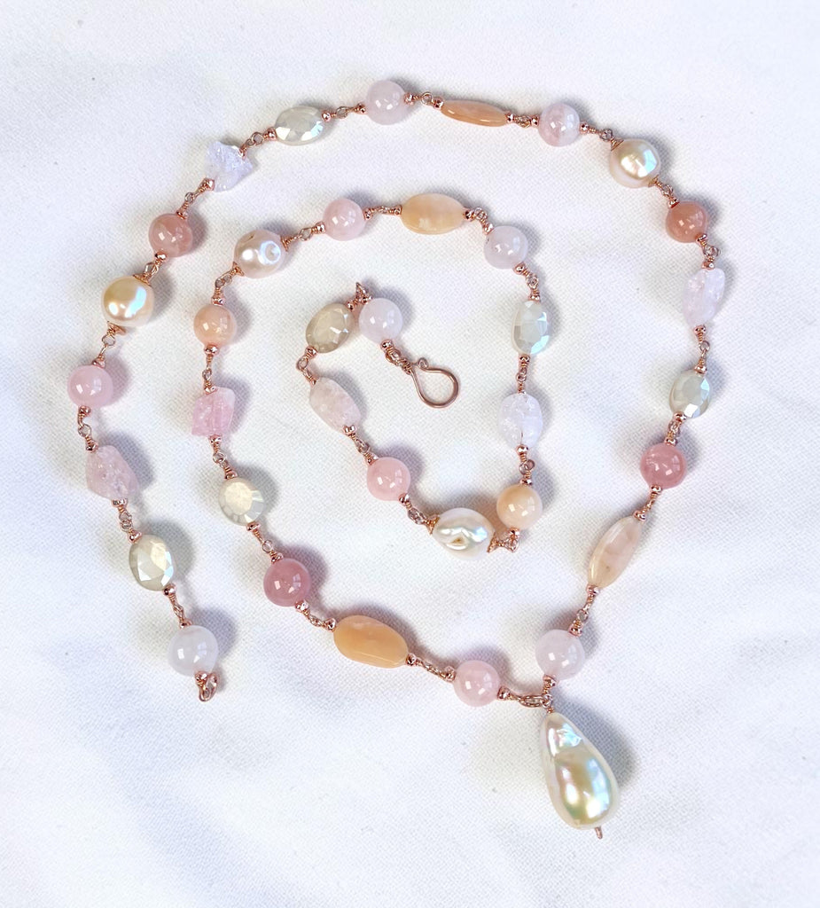 Pink Blush Pearl and Gemstone Long Pendant Necklace Rose Gold Fill Wire Wrap