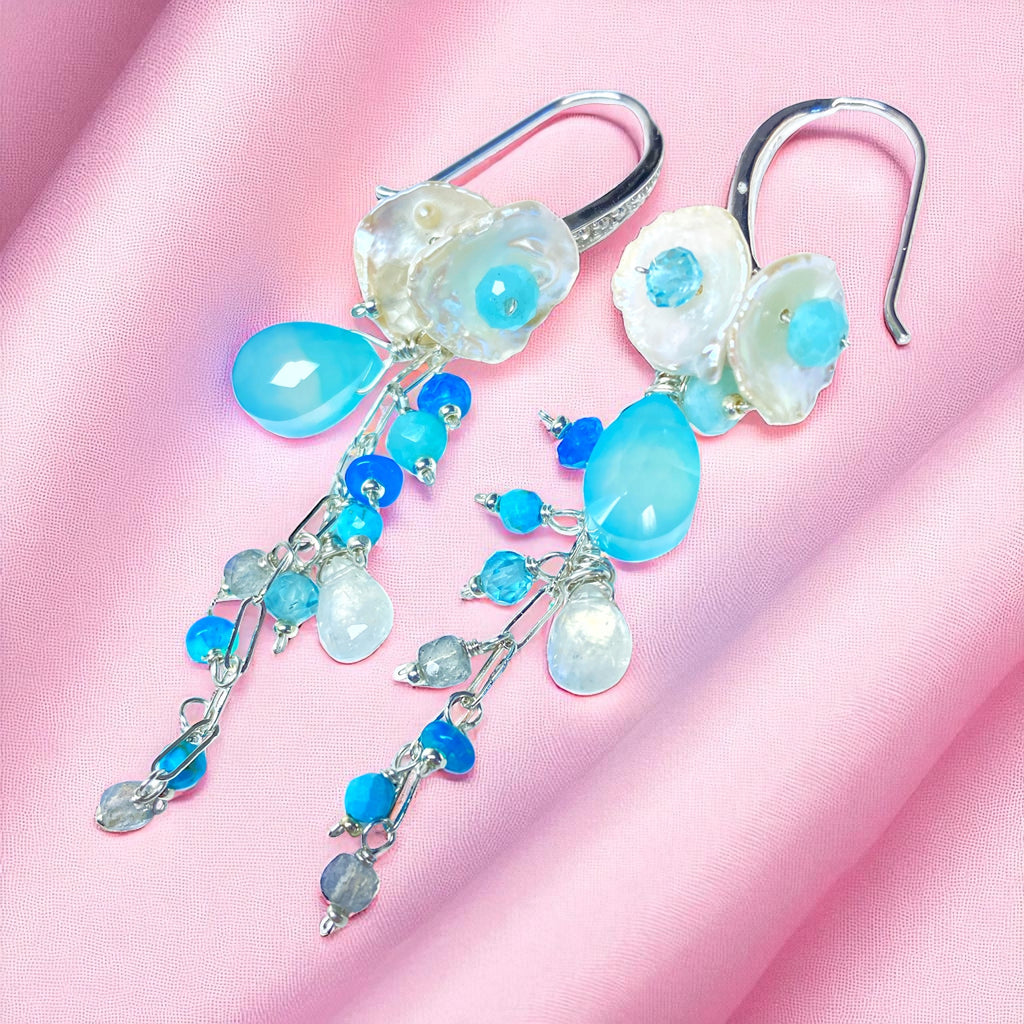 Aqua Chalcedony, White Keishi Pearl, Sterling Silver Long Dangle Earrings