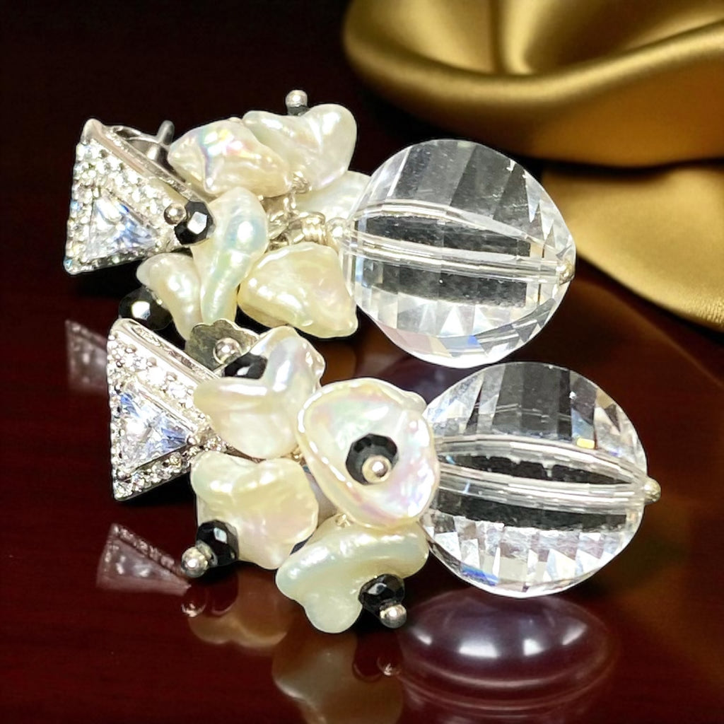 Clear Crystal Quartz Wedding Earrings Sterling Silver Black Spinel Post Earrings