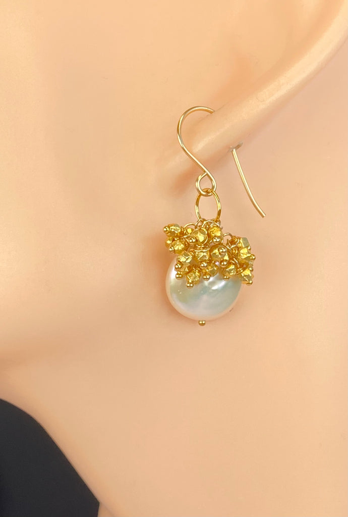 Ivory Coin Pearl Earrings with Gold Vermeil Nugget Clusters