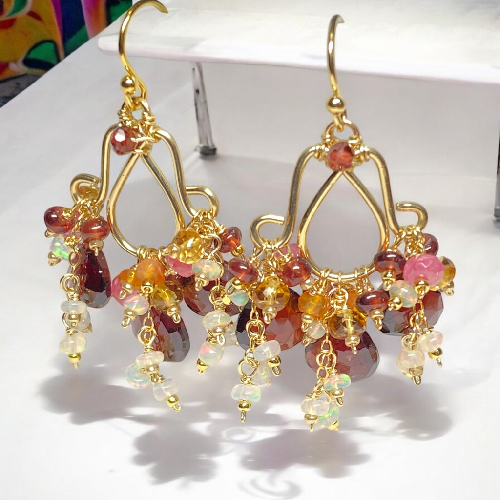 Red Garnet Chandelier Earrings Opal Dangle Gold Fill