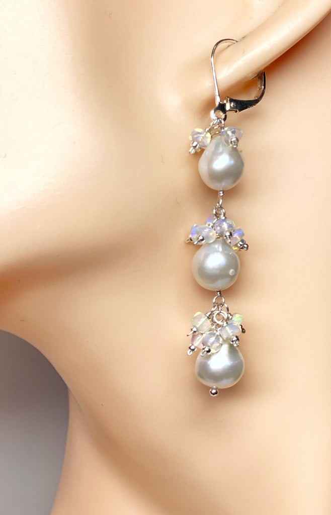 Pearl and Ethiopian Opal Long Dangle Earrings Sterling Silver