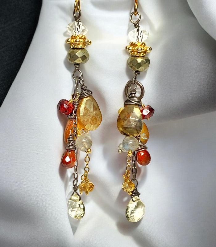 Pyrite Garnet Mixed Metal Long Dangle Earrings