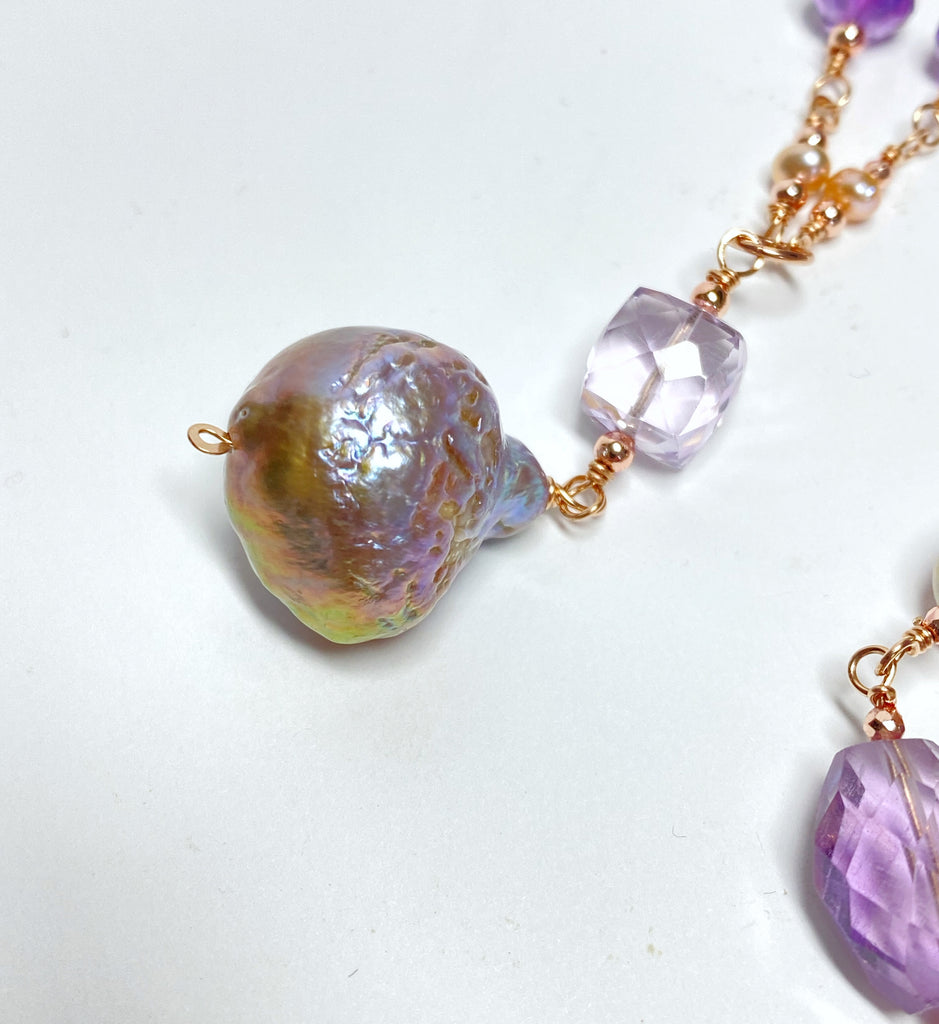 Long Amethyst Gem Stone and Baroque Pearl Necklace in Rose Gold