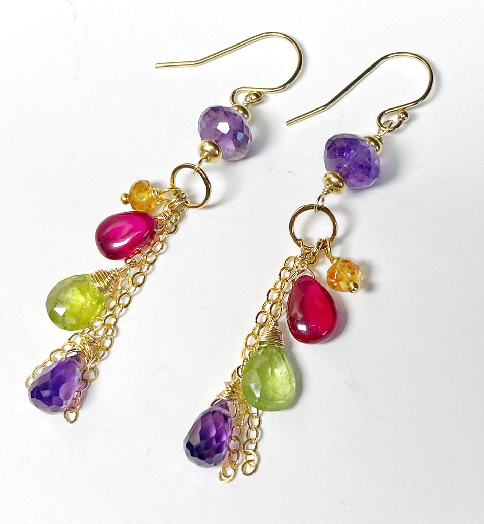 Gemstone Long Chain Dangle Earrings, Amethyst, Rubellite, Peridot, Gold Fill