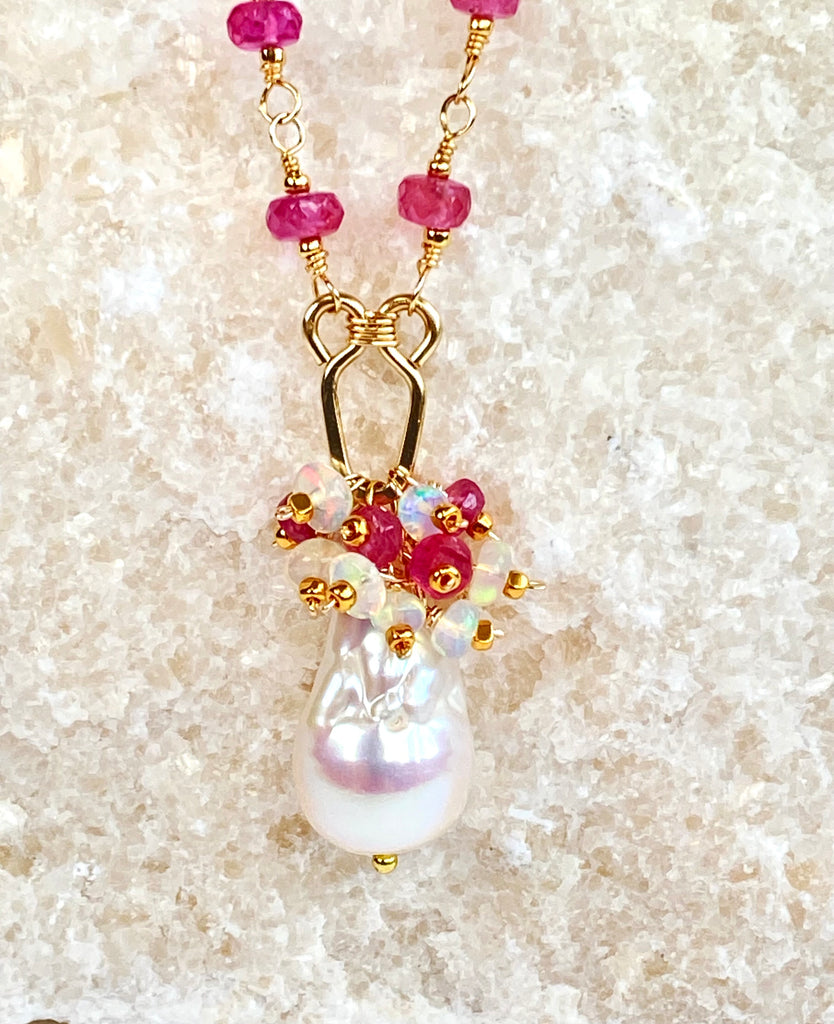 Pink Sapphire Gold Fill Wire Wrap Necklace Rosary Style Baroque Pearl Pendant