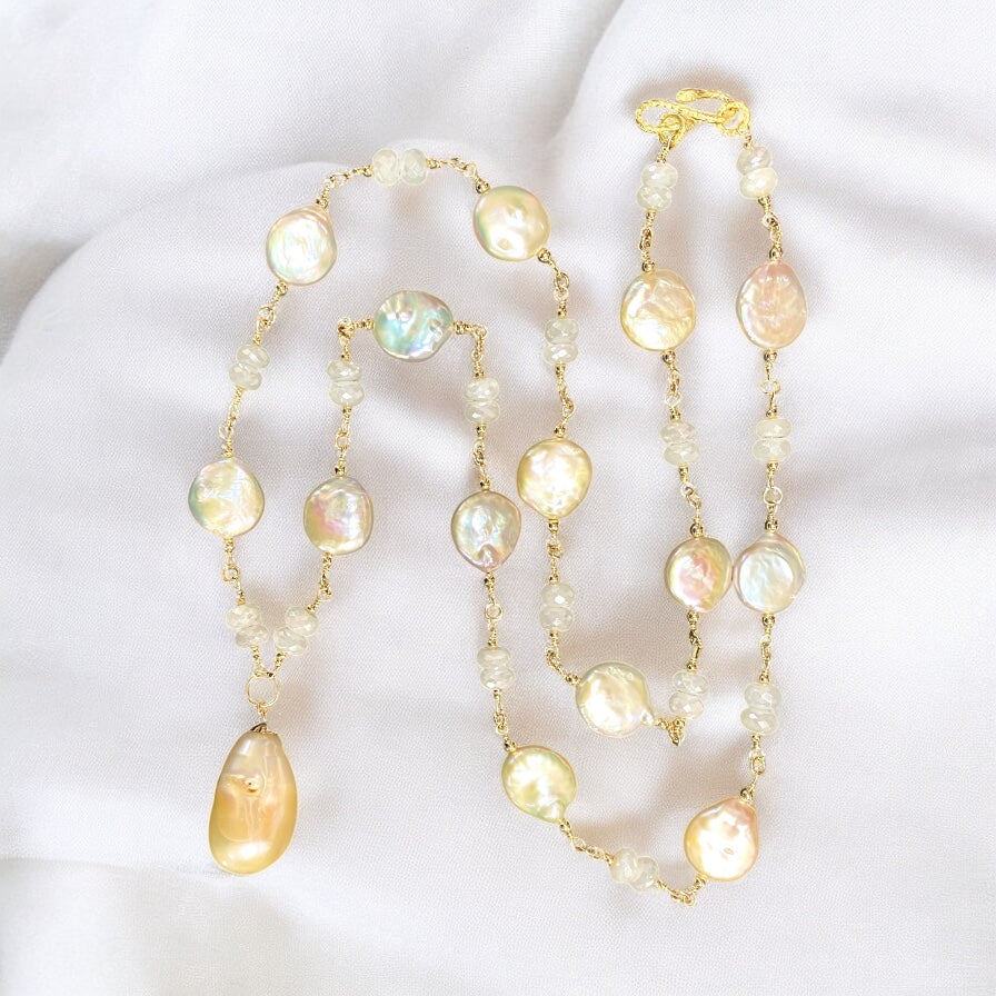 Blush Baroque Pearl Mystic Moonstone Long Sautoir Rosary Necklace Gold Fill