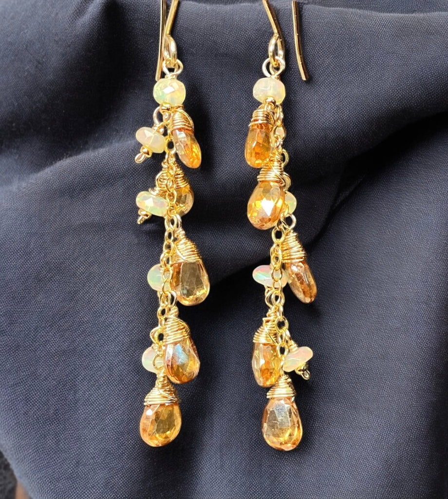 Golden Topaz and Ethiopian Opal Dangle Earrings Gold Fill 2