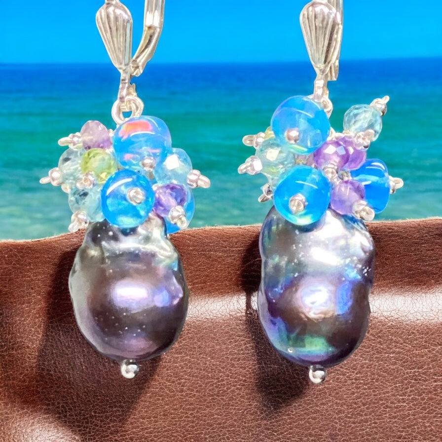 Baroque Peacock Pearl Cluster Earrings, Peridot, Amethyst, Opal, Sterling Silver