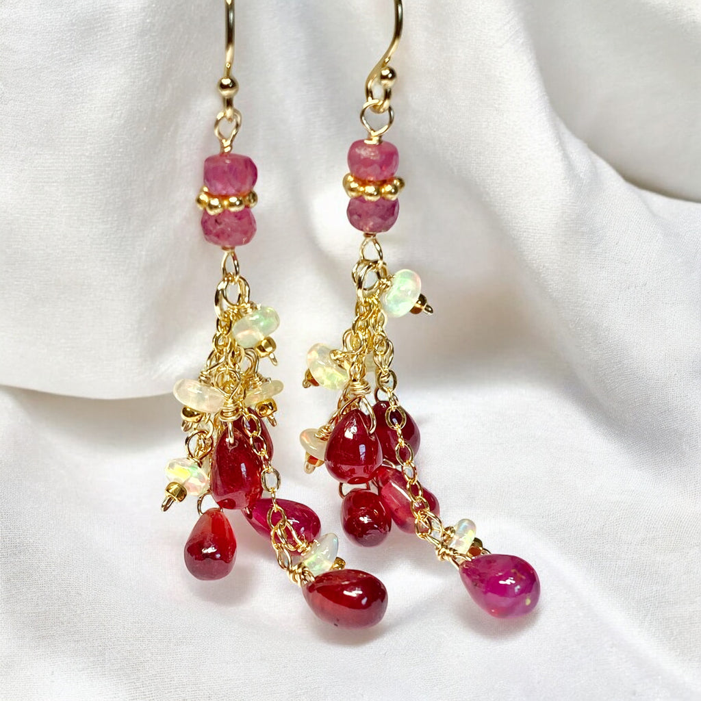 Pink Sapphire and Opal Tassel Earrings, Gold Fill