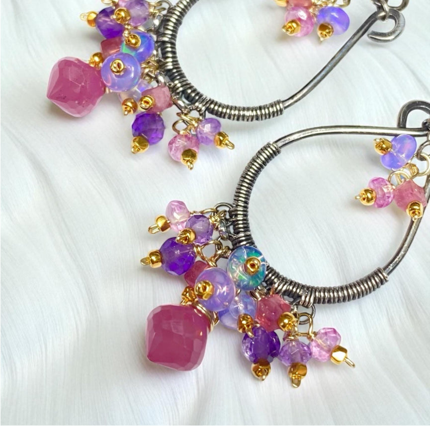 Pink Sapphire Mixed Metal Hoop Chandelier Earrings - Oxidized Sterling Silver - Doolittle