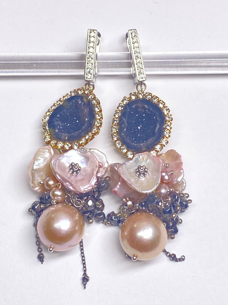 Pink Edison Pearl Cluster Earrings with Keishi and Black Geodes