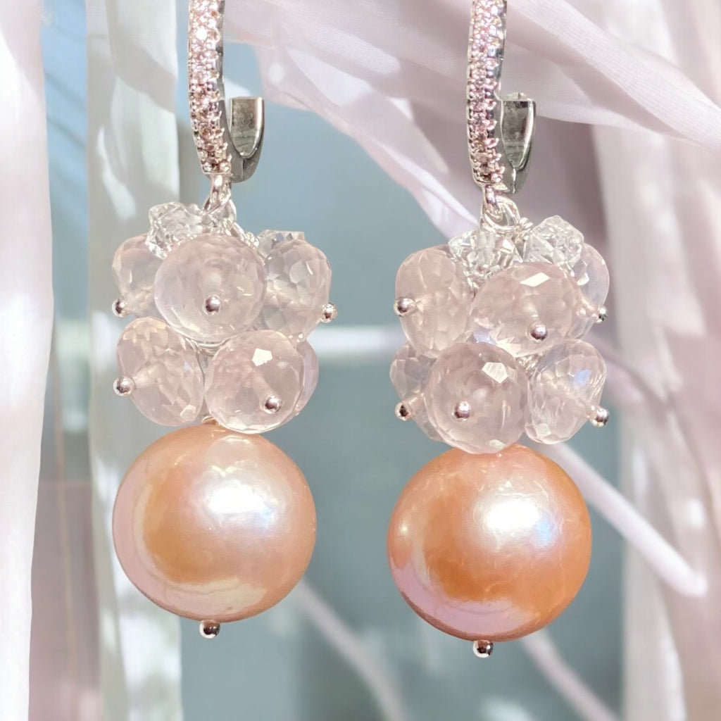 Round Pink Pearl Earrings with Rose Quartz Clusters