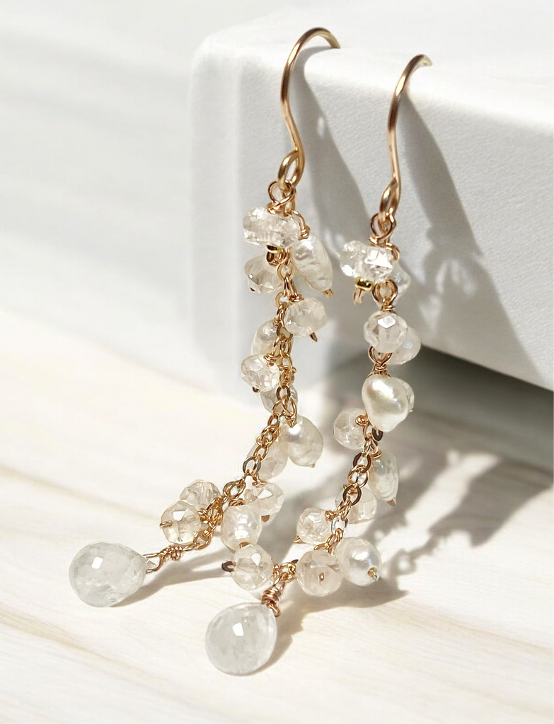 Rainbow Moonstone and Pearl Long Dangle Earrings - Rose Gold, Sterling Silver, Gold Fill