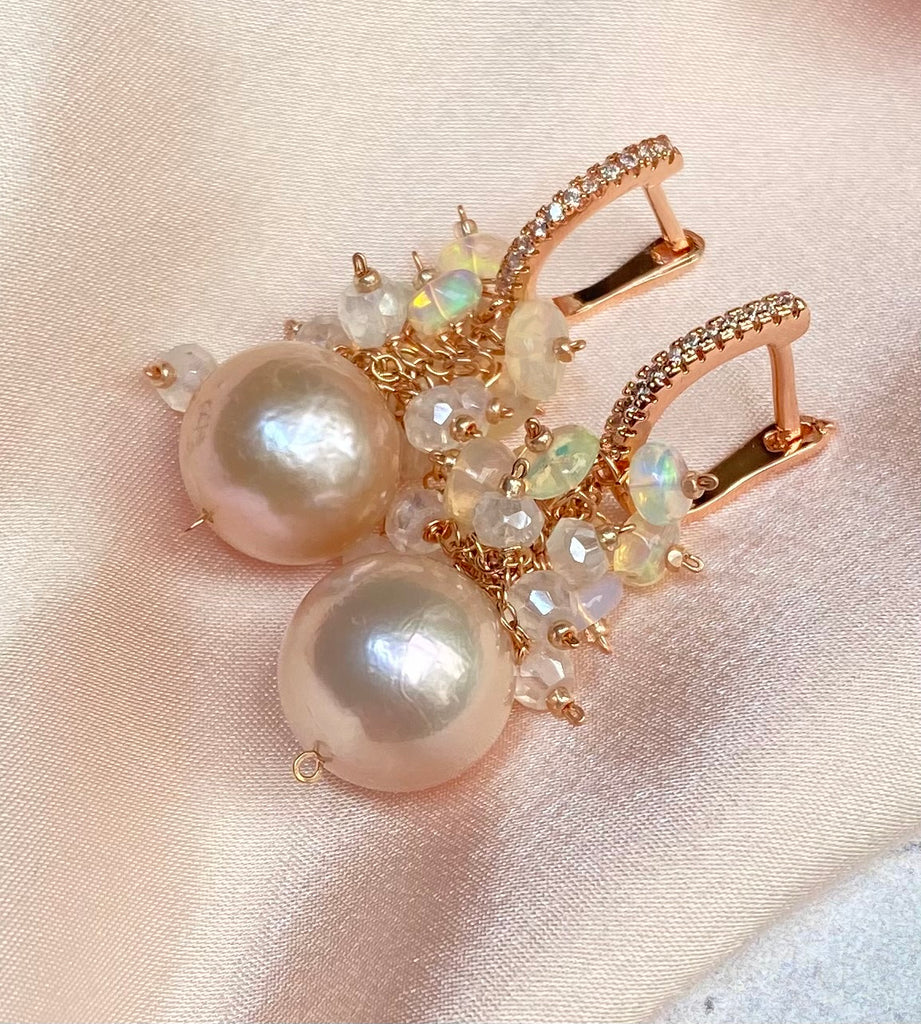 Pink Blush Pearl Opal Cluster Earrings Rose Gold