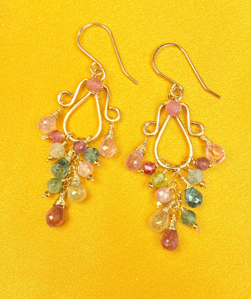 Multicolor Tourmaline Chandelier Earrings — Light Pink, Green & Blue, Gold Fill